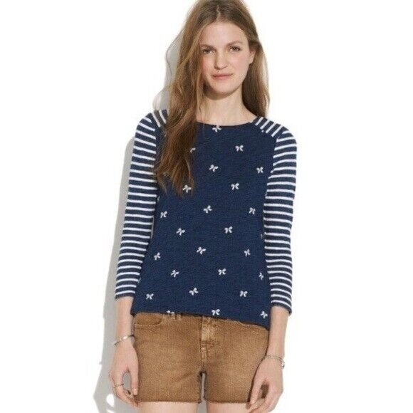 Madewell Tops - Madewell Indigo Ink White Stripes And Bows Back Zip 3/4 Sleeve Top Small